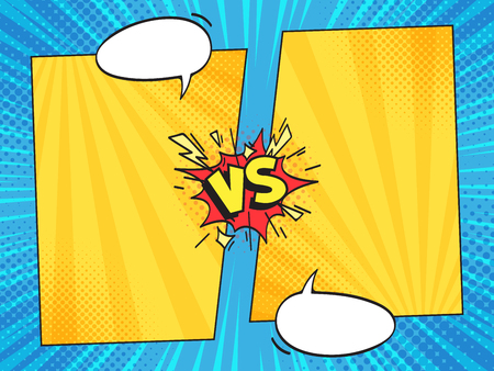 Versus comic frame. Vs comics book clash frames with cartoon text speech bubbles on halftone stripes background vector template. Comic magazine funny poster