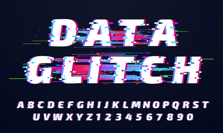 Glitch font. Digital glitched alphabet, game screen letters and broken old display lettering or distortion stylized tv digital bug letter. Alphabet and numbers grunge vector isolated symbols setのイラスト素材