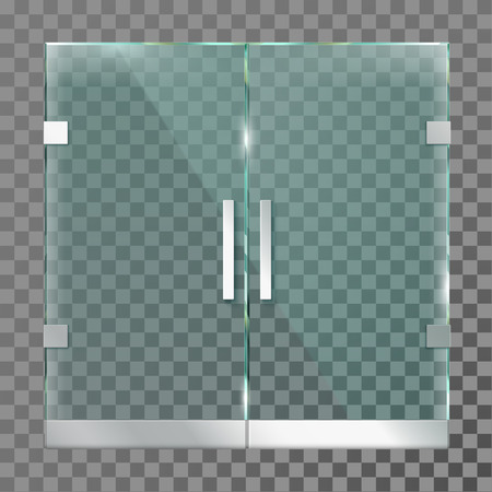 Double glass door. Mall store entrance doors in steel metal frame for modern office or shop mall reflective sliding steel door. Realistic exterior 3d isolated vector templateのイラスト素材