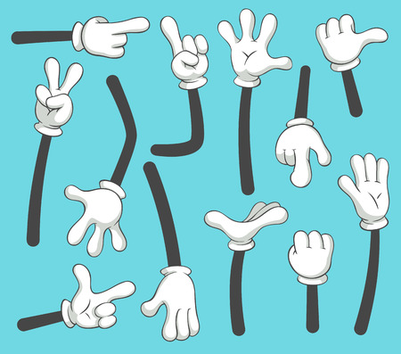 Cartoon arms. Doodle gloved pointing hands, different human point arm, comic parts in gloves or outline armed finger hand gestures in glove. Vintage vector isolated illustration icons setのイラスト素材