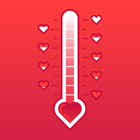 Love thermometer. Hot or frozen heart temperature counter valentines card. Love level meter romance passion degree indicator for valentine february 14 day vector concept illustrationのイラスト素材