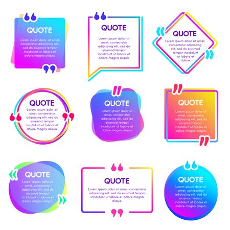 Quote info box. Text remark frame, quotes reference label and texting dialogue words excerpt frames boxes or mention balloon. Citation quotation creative bubble vector isolated icons setの写真素材