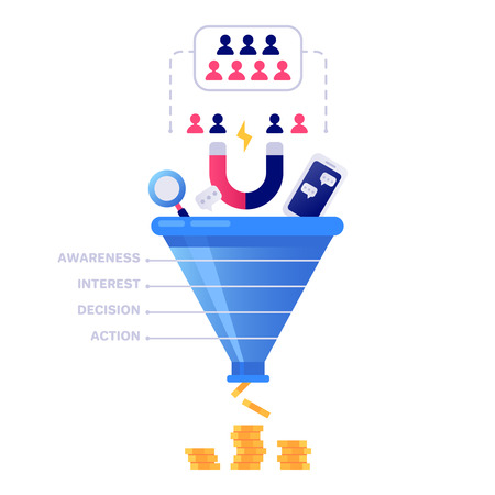 Funnel sales concept. Marketing infographic, sale conversion and lead sales pipeline or business manager conversion pipe. Strategy target chart isolated vector illustrationのイラスト素材