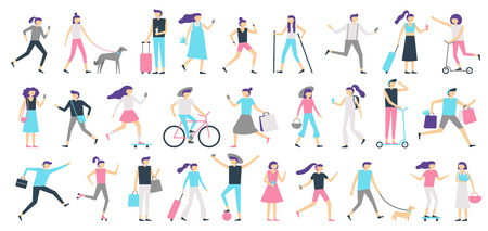 Walking people. Man and woman walk with dog at city, girl looking at smartphone and boy with skateboard, person on bicycle. Outdoors people active flat vector isolated illustration icons setのイラスト素材