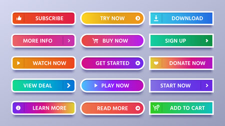 Colorful gradients buttons. Vivid web button with icon or arrow, sign in and subscribe icons. Ui...