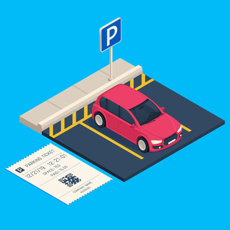 Isometric transport parking. Entrance parking space ticket, city urban car garage barriers gate security payment system business. Cars traffic communication technology vector illustrationのイラスト素材