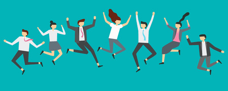 Happy jumping business people. Excited office team workers jumping at employees party, smiling professionals jump. Business characters team corporate celebration vector illustrationのイラスト素材