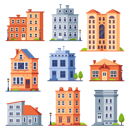 Living house buildings. Cottage houses exterior, condominium apartment building and modern cottages exteriors. Town cottage residential houses modern flat vector isolated icons setのイラスト素材