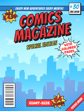 Comic book cover page. City superhero empty comics magazine covers layout, town buildings and vintage comic books. Super hero cartoon pop books page retro template vector templateのイラスト素材