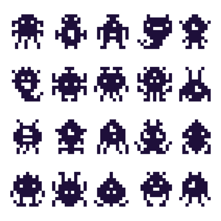 Pixel art invaders silhouette. Space invader monster game, pixels robots and retro arcade games. Computer video game vintage graphics alien monsters characters isolated vector icons setのイラスト素材