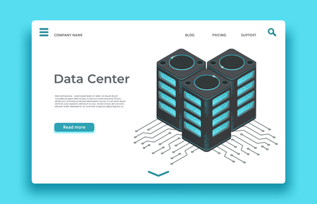 Data center landing page. Isometric servers computer marketing analytic or engine statistic storage workstation vector designのイラスト素材