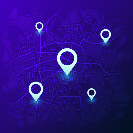 City navigation map. Futuristic gps location navigator, travel maps with pins and navigate street road locator. Local road way city path map. Cartography roadmap vector conceptのイラスト素材