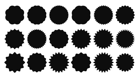 Sunburst sticker. Vintage sale stickers, burst rays promo button and sun bursts price. Starburst black jagged promo label buttons or advertising badge isolated vector shapes icons setのイラスト素材
