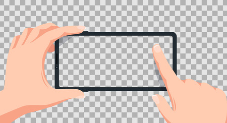 Smartphone screen. Smartphone in hands or phone screen. Gadget device holding in hand and tap touch. Blank template vector illustrationのイラスト素材