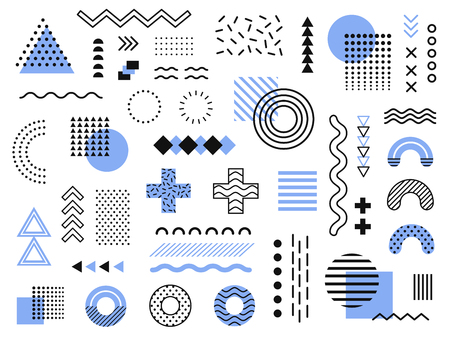 Memphis design elements. Retro funky graphic, 90s trends designs and vintage geometric print illustration element. Constructivism memphis vector isolated symbols collectionのイラスト素材