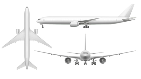 Realistic airplane. Aircraft plane view landing on runway or flying. White 3d airplane or air transport jet fuselage front view. Aviation flight isolated illustration icons setのイラスト素材