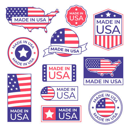Made in USA label. American flag proud stamp, made for usa labels icon and manufacturing in America stocker emblem. Us flags patriotic quality or nation guarantee isolated vector symbols setのイラスト素材