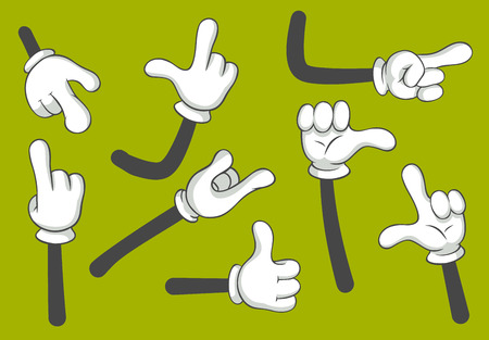 Cartoon hands. Gloved hands. Gloves arm point different finger gestures or palm gesture language comic doodle symbols. Vector gesturing isolated illustration icons setのイラスト素材