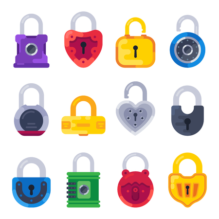 Safety mechanical lock. Safe key padlock, golden locks and brass padlocks. Antique old open safe lock or safety secret code prison keyhole isolated flat vector isolated icons setのイラスト素材