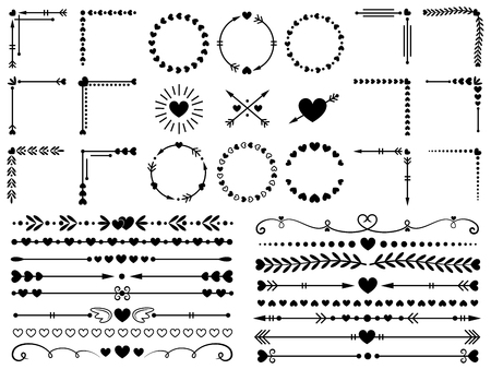 Love ornaments. Wedding hearts ornamental, decorative heart border and inlove frame design ornament. Hand drawn swirl love borders or floral dividers. Vector isolated elements icon setのイラスト素材