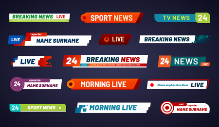 Tv news bar. Television broadcast media title banner. Sports tv show news channel media bar header or football advertising channels bars. Isolated vector symbols setのイラスト素材