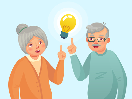 Seniors idea. Old people couple have idea, elderly senior thinking issue. Grandfather and grandmother solution. Family have an idea expression cartoon vector illustrationのイラスト素材