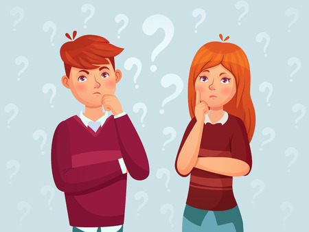 Young thinking couple. Confused teenagers, worried thoughtful students and teenager think. Troubled thinking confused people asking forgotten thoughts cartoon vector illustrationのイラスト素材
