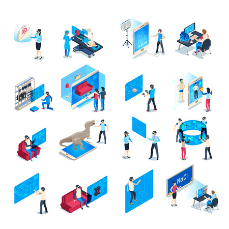 Virtual reality device. Isometric immersion training experience in vr equipment. Immersed human, virtual communication or augmented reality education. Isolated icons vector illustration collectionのイラスト素材