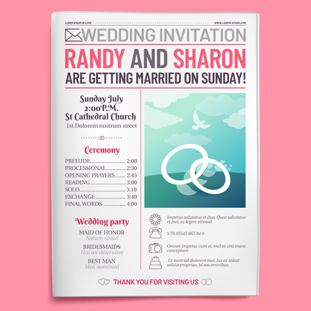 Wedding invitation tabloid. Newspaper front page, getting married brochure and old love journal layout. Engagement invitation card, wedding journal vector illustrationのイラスト素材