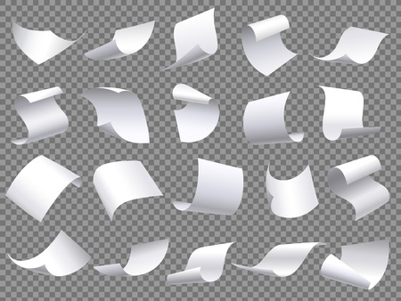 Flying paper pages. Falling papers documents sheets, document with curved corner and fly page sheet. Office file sheets pages. 3D realistic paperwork isolated vector objects setのイラスト素材