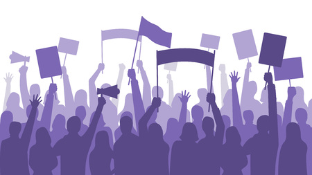 Activists protest. Political riot sign banners, people holding protests placards and manifestation banner. Jobs activist strike, vegetarians meeting or feminist demonstration vector illustrationのイラスト素材