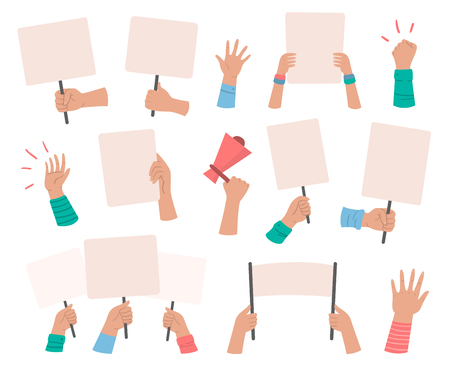 Protesters banners. Manifestation sign placard hold in hand, peace protest poster and blank vote placards. Demonstration activist speech or activist rally isolated vector icons setのイラスト素材