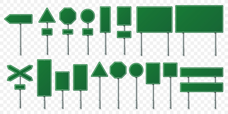 Green road sign board. Direction signs boards on metal stand, empty pointer post and directing signboard isolated vector setのイラスト素材