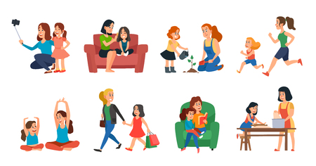 Motherhood concept. Mother and daughter family help, playing or hugging. Mothers day, parent with children talking plant reading and running. Cartoon vector isolated icons illustration setのイラスト素材