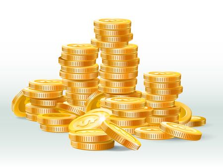 Golden coins pile. Gold coin dollar, money stack and gold cash heap. Jackpot coins, antique treasure or banking deposit. Money earnings 3D realistic vector illustrationのイラスト素材