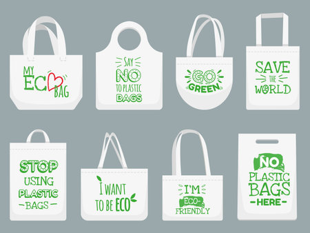Eco fabric bag. Say no to plastic bags, polythene refuse ban slogan and textile shopping handbag. Shopper, ecological fabric package. Vector isolated illustration icons set