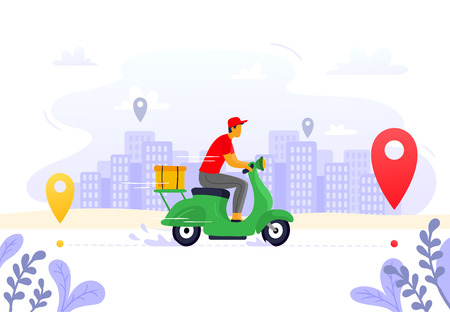 Food delivery. Express courier supply, carrier on freight scooter and parcel box route. Fast food delivery service, motorbike driver courier or gps pizza deliveries vector illustrationのイラスト素材