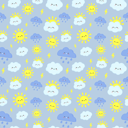 Cute rain sky pattern. Smiling happy sun, thunderclouds with lightning and rainy day clouds. Sun and cloud fabric or babys nursery wallpaper seamless vector illustrationのイラスト素材