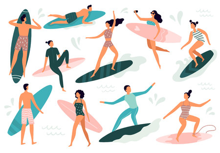 Surfing people. Surfer standing on surf board, surfers on beach and summer wave riders surfboards. Tropical hawaii lifestyle, surfing surfers in swimwear. Vector illustration isolated symbols setのイラスト素材