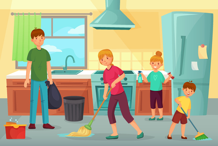 Family cleaning kitchen. Father, mother and kids clean cuisine together household dusting and wiping floor. Kitchen domestic cleaning, tidy family regular housekeeping cartoon vector illustrationのイラスト素材