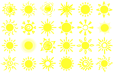 Summer sun sketch. Hand drawn suns, warm sunrise sunlight and happy sunbeam. Sun doodle, morning sunny yellow sketch. Cartoon vector isolated symbols setのイラスト素材