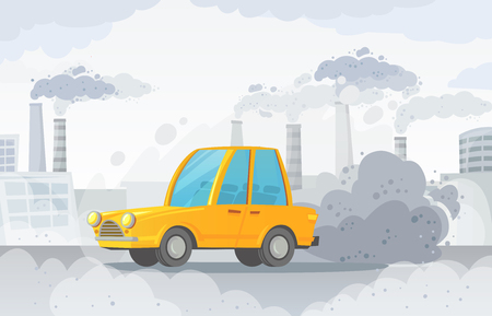 Car air pollution. City road smog, factories smoke and industrial carbon dioxide clouds. Vehicle toxic pollution, polluted air or environment car waste hazard cartoon vector illustrationのイラスト素材