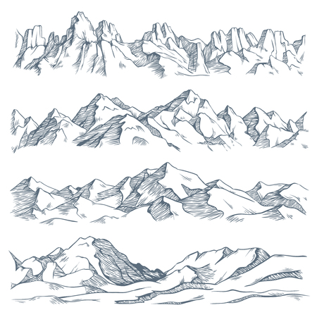 Mountains landscape engraving. Vintage hand drawn sketch of hiking or climbing on mountain. Nature highlands drawing, mountains landscape engraving. Vector isolated illustration sign setのイラスト素材