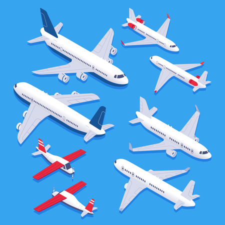 Isometric airplanes. Passenger jet airplane, private aircraft and airline plane. Aviation planes 3d isolated vector setのイラスト素材