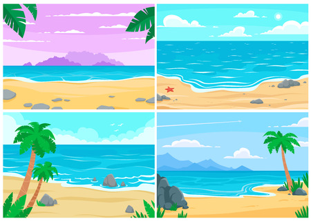 Summer beach. Ocean or sea shore, beaches landscape and daytime sand beach. Seaside beach or paradise tropical island banner. Cartoon vector background illustration setのイラスト素材