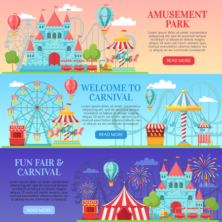 Amusement park banner. Amusing festival attractions, kids carousel and ferris wheel attraction banners background vector illustrationのイラスト素材