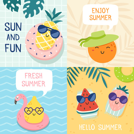 Hello summer poster. Funny fruits, pineapple in sunglasses and tropical fruit beach party banner. Fruit recreation placard or exotic summer party invitation card vector illustration setのイラスト素材