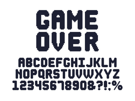 Computer 8 bit game font. Retro video games pixel alphabet, 80s gaming typography design and pixels letters. Digital pixel arcade font, pixelated letter and numbers vector setのイラスト素材