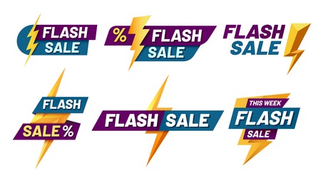 Flash sale badges. Lightning bolt offer, flashes sales badge and trendy shopping offers vector illustration setのイラスト素材