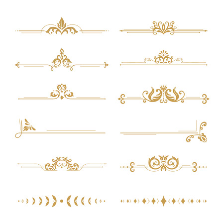 Elegant damask dividers. Vintage boutique flower divider, gold floral ornament and wedding book frames design elements vector setのイラスト素材